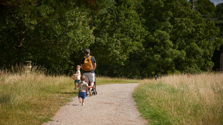 Dad with a pushchair and two young children walking on the path through the parkland